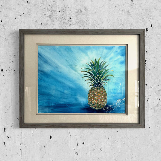 Original Stylized Watercolor mixed media, "Yum" Tropical Hawaiian pineapple art by artist Christie Marie Elder-Russell