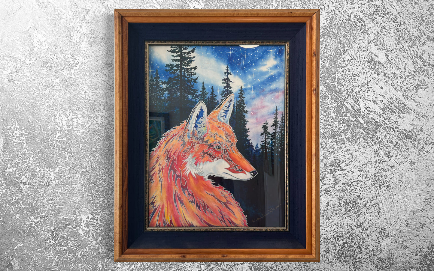 ORIGINAL"Spirit Fox" Professionally Framed Wild Fox Fine Art mixed media Watercolor silhouetted forest trees Christie Marie E. Russell ©