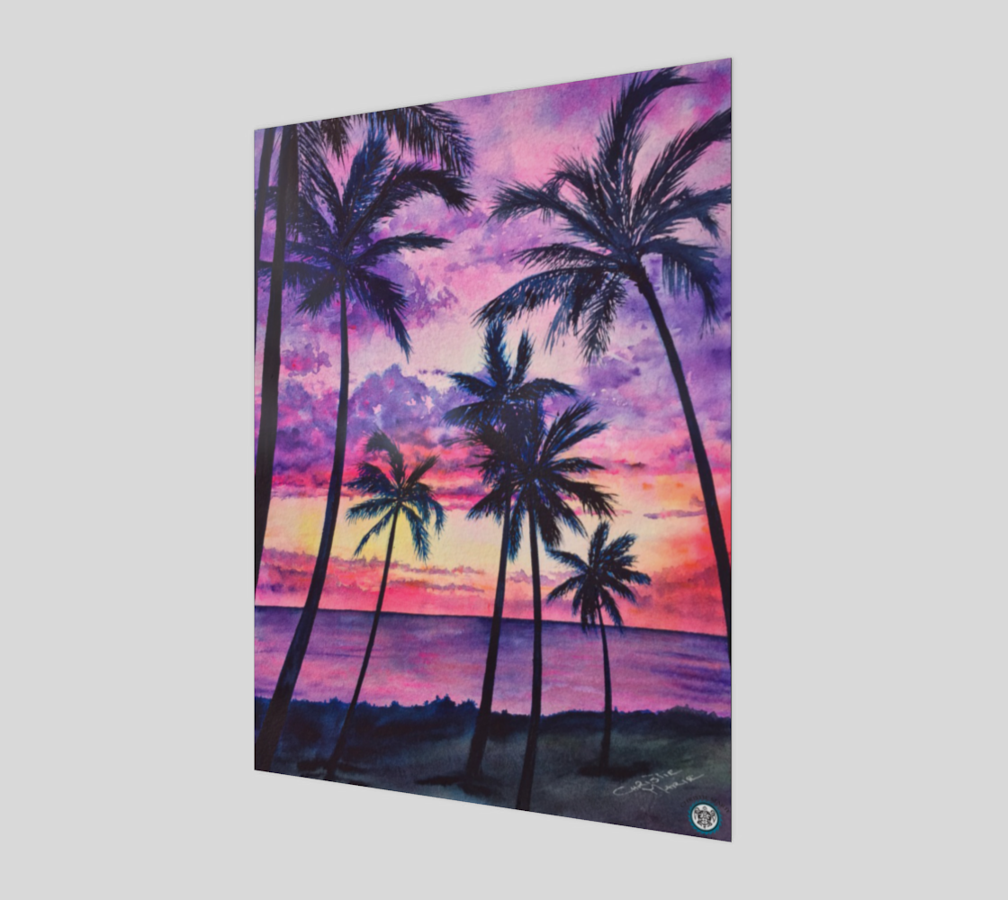 “Pink Palms“ Fine Art Canvas Print, Pink Hawaiian Sunset with palm trees and ocean Art by artist © Christie Marie