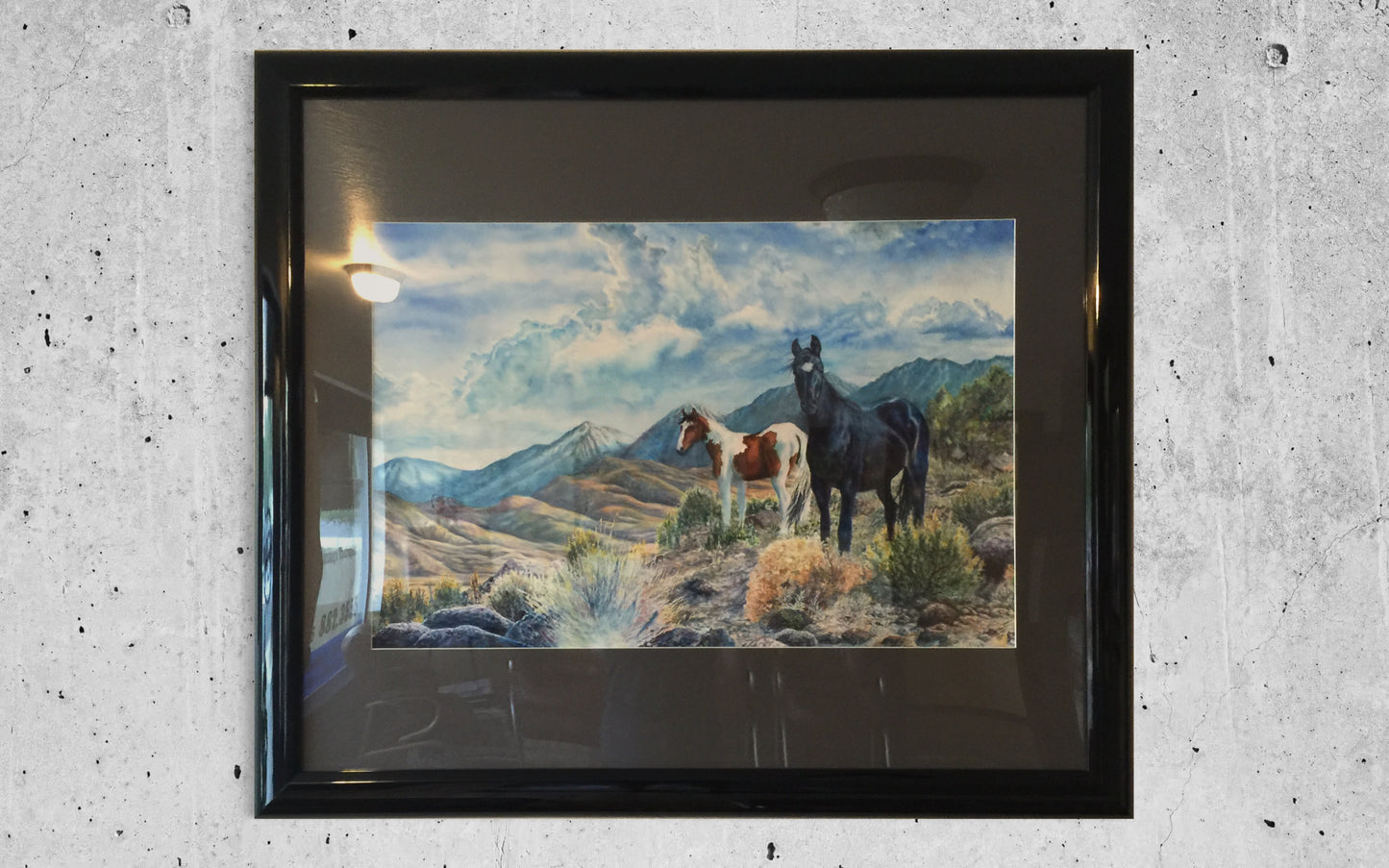 Mustangs Wild, Original Fine Art, professionally Framed, Wild Horse Art Watercolor Painting by artist Christie Marie E. Russell ©