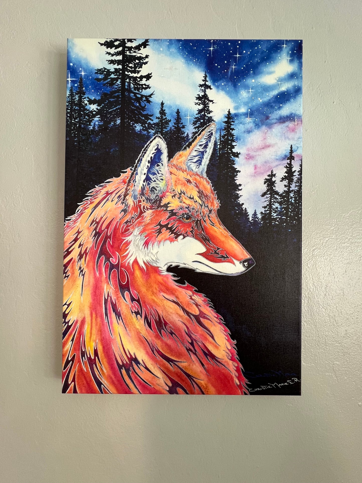 "Spirit Fox"  Fine Art Canvas Print, Mountain Forest, Night Stars with Spirit Fox by artist © Christie Marie
