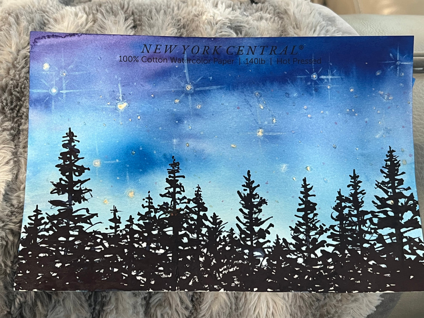Framed Original Watercolor Art - "Fading Blues" Alpine Forest Night Stars in horizonal fade of blues by Christie Marie