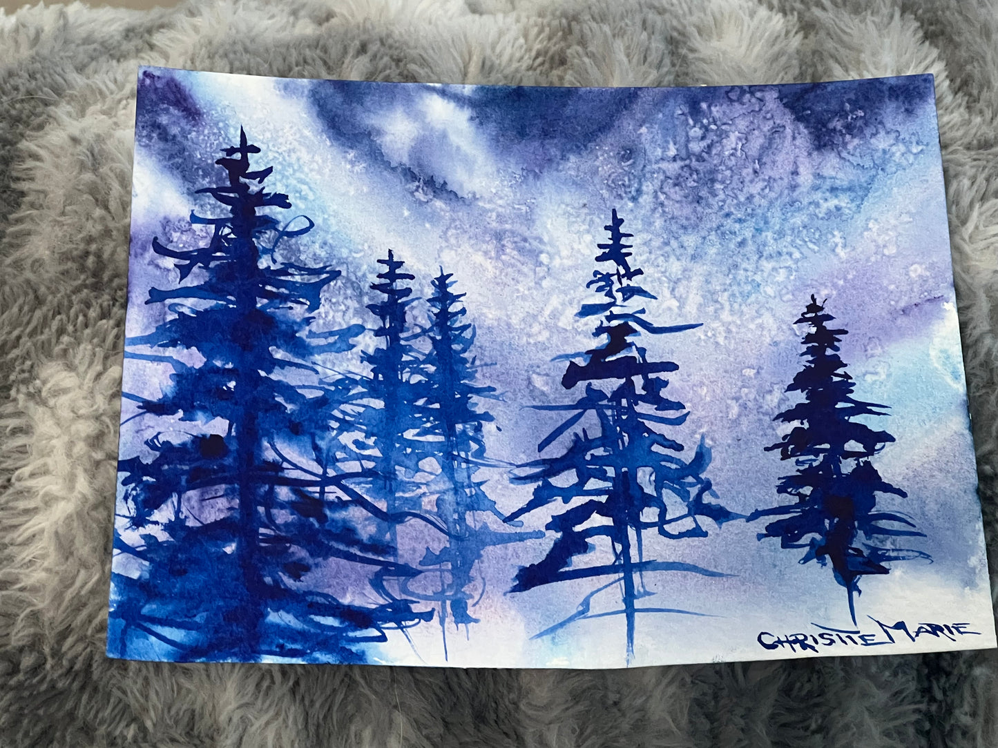 Original Watercolor Painting "Indigo Muse" Mountain Forest brush stroke abstract, indigo pine forest light