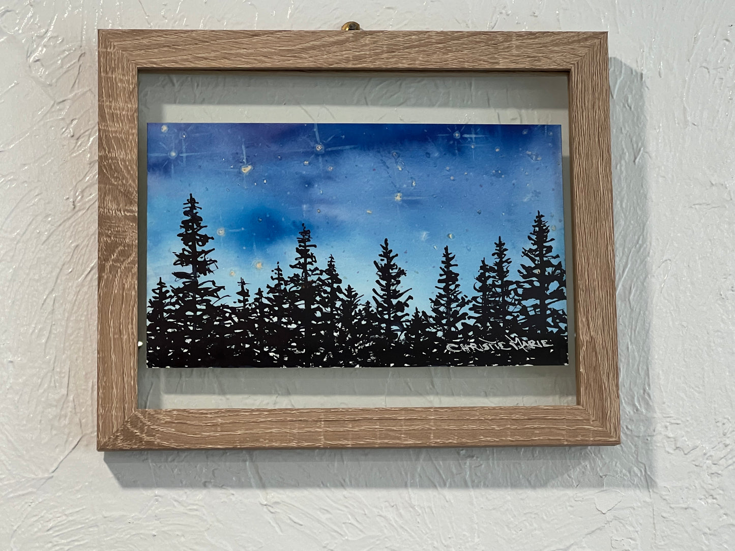 Framed Original Watercolor Art - "Fading Blues" Alpine Forest Night Stars in horizonal fade of blues by Christie Marie