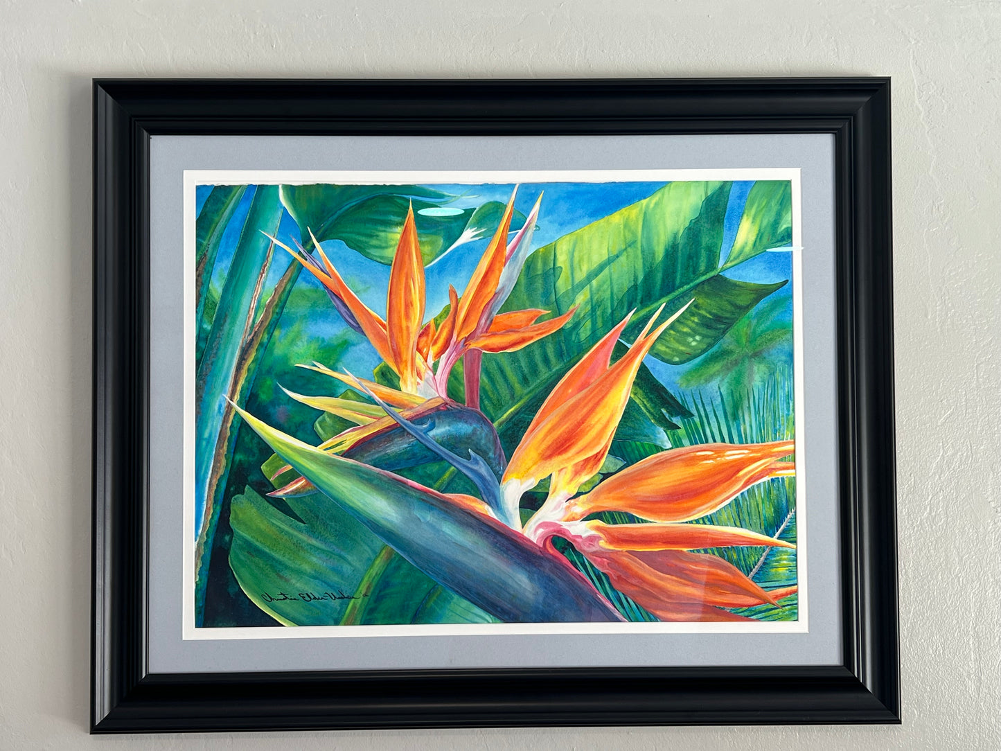 ORIGINAL Large Framed Hawaiian Bird of Paradise Watercolor Art Painting Tropical Flowers Hawaiian Art by Artist Christie Marie E. Russell ©