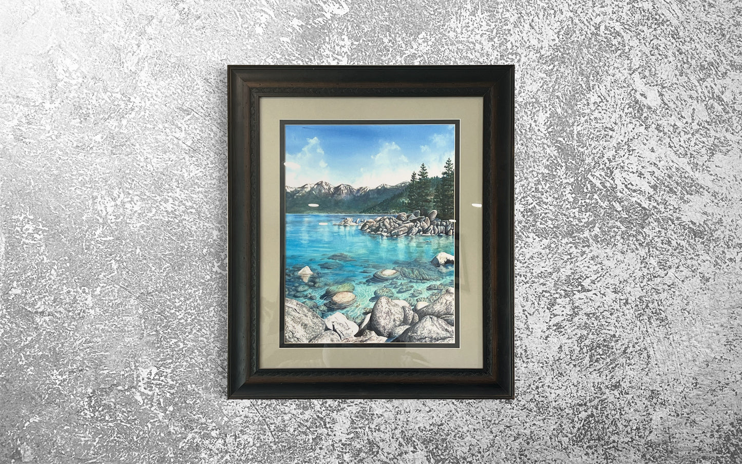Original Watercolor Painting Lake Tahoe Sand Harbor Art turquoise water Mountain Nature Framed Art by Artist Christie Marie Elder-Russell ©
