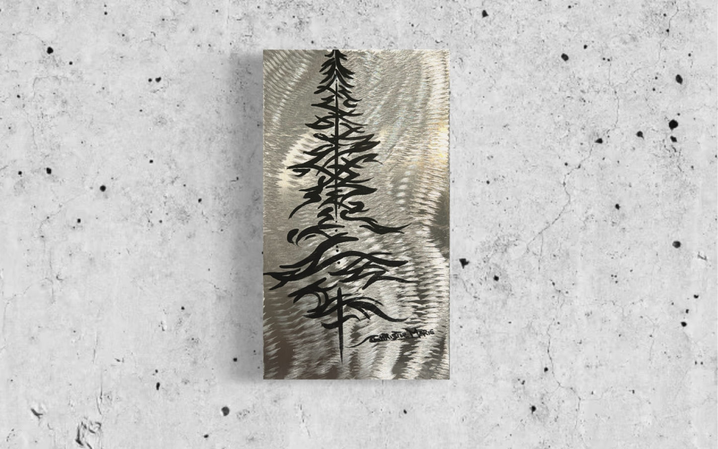 Original Metal Art, Pinstriping style Alpine Tree in Black on bright aluminum metal. by artist Christie Marie Ready to hang