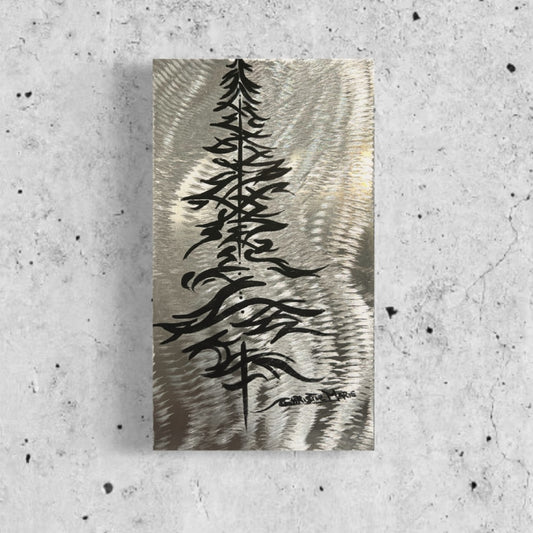 Original Metal Art, Pinstriping style Alpine Tree in Black on bright aluminum metal. by artist Christie Marie Ready to hang