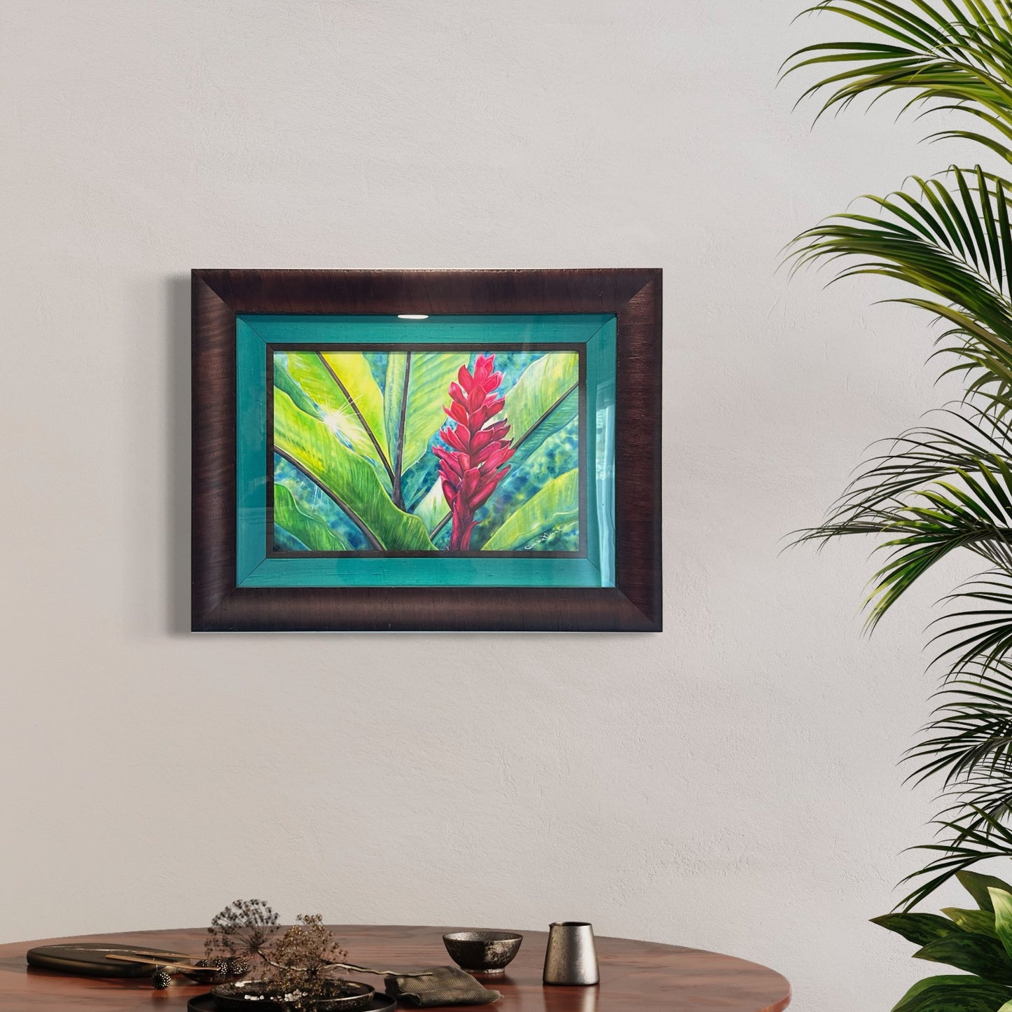 Original Watercolor Painting signed and Framed “Tropical Flame” Hawaiian Red Ginger art by artist © Christie Marie