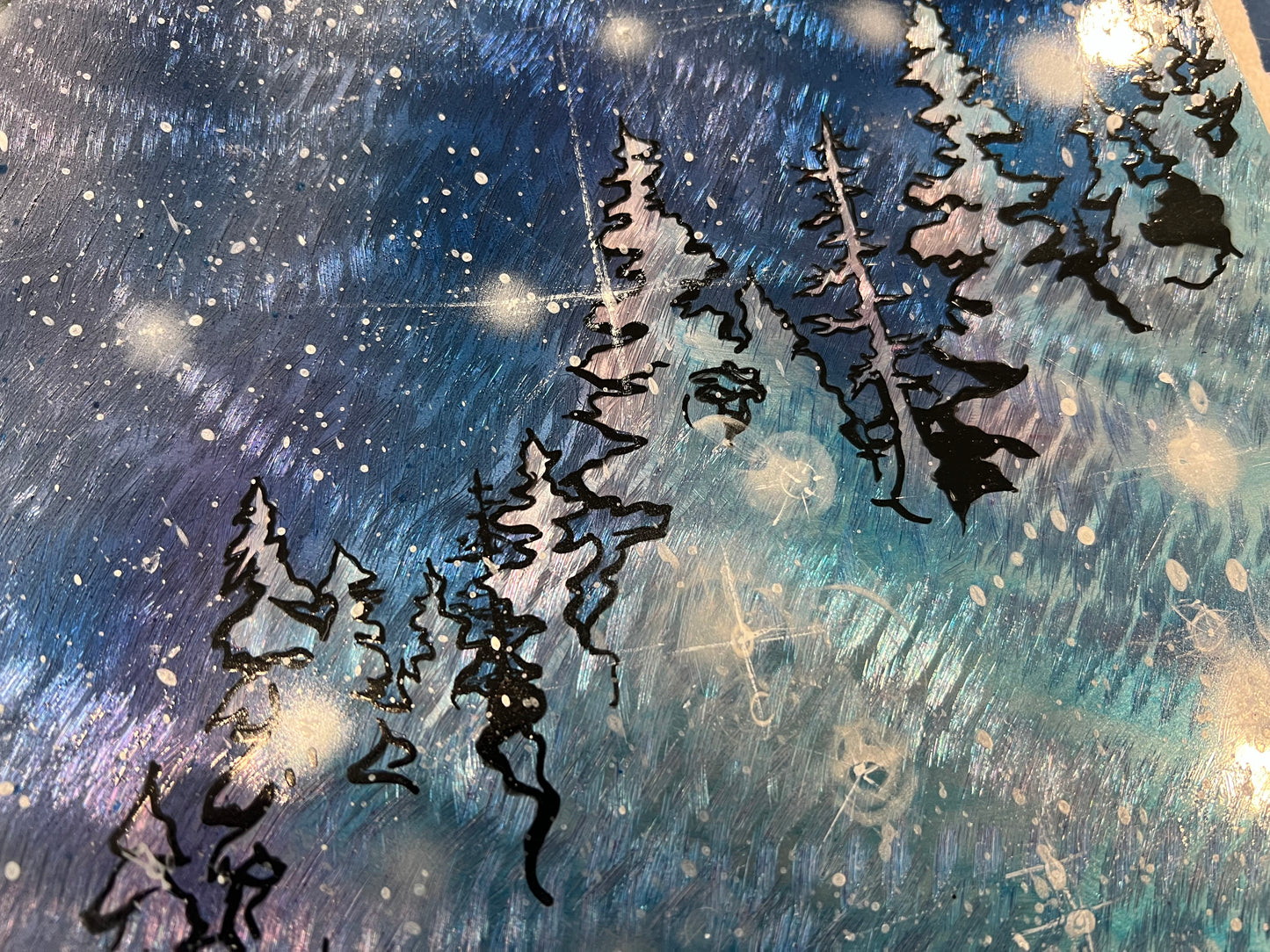 Original Metal Painting Art, Twilight magical colors "Secret Wonders" winter snowstorm gondola ride art OOAK by Christie Marie E. Russell
