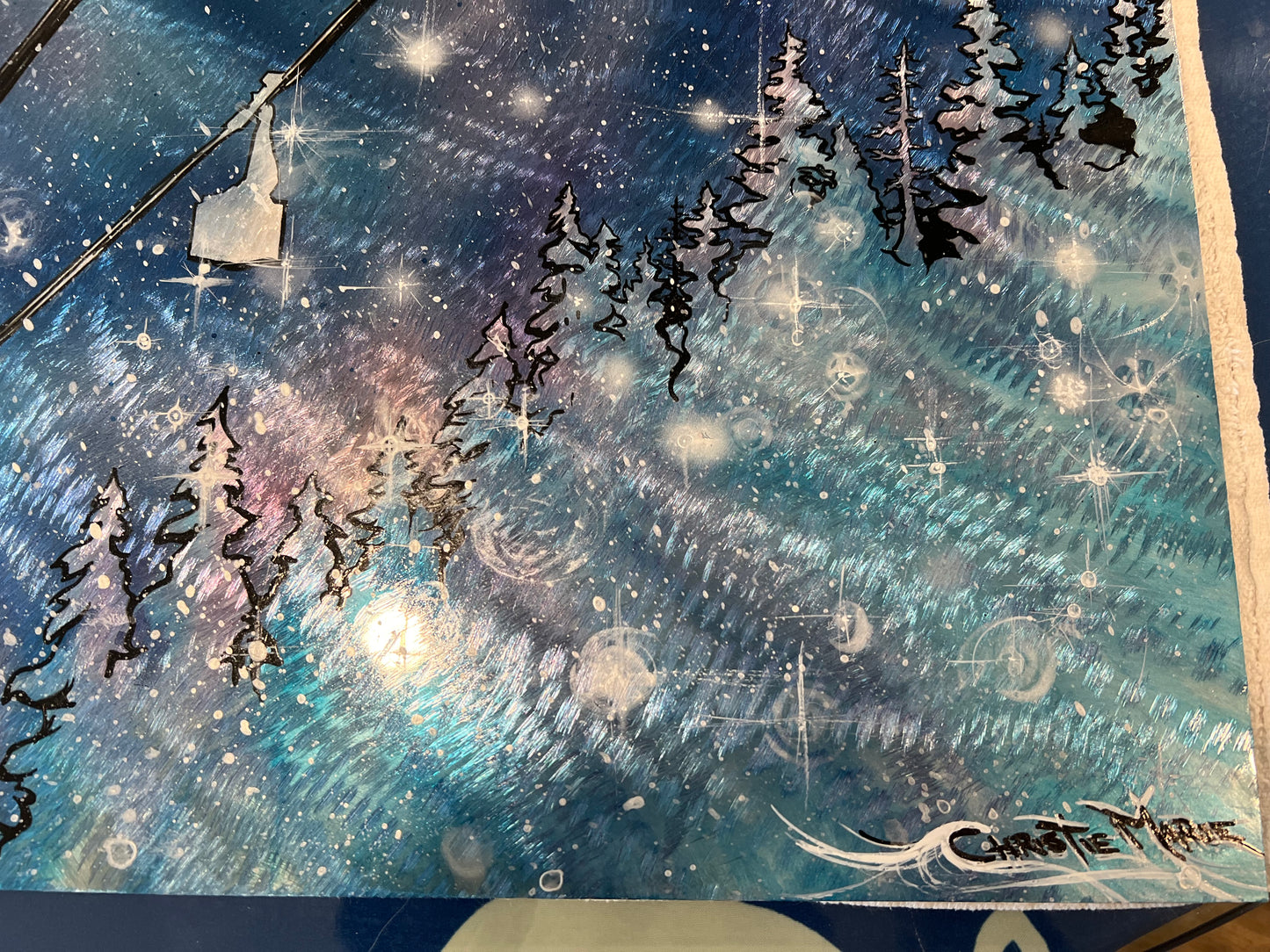 Original Metal Painting Art, Twilight magical colors "Secret Wonders" winter snowstorm gondola ride art OOAK by Christie Marie E. Russell