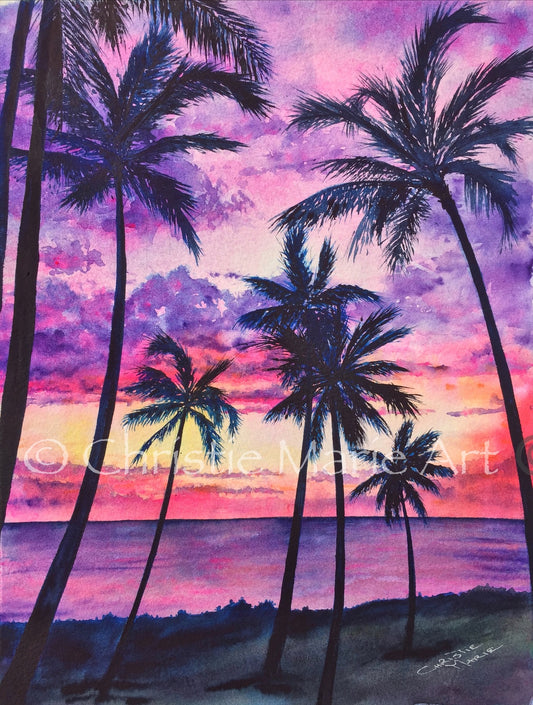 “Pink Palms“ Fine Art Canvas Print, Pink Hawaiian Sunset with palm trees and ocean Art by artist © Christie Marie