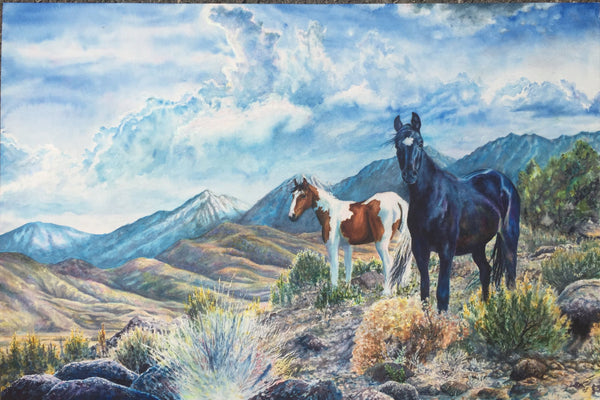 Wild Mustangs Original Fine Art, professionally Framed, West Sierra Nevada Art Watercolor Painting by artist Christie Marie E. Russell