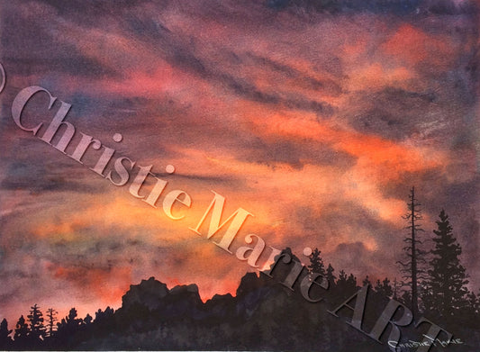 Landscape Original Watercolor paintng Art "Tahoe Expressions" sunset w silhouetted forest pine trees Christie Marie E Russell ©