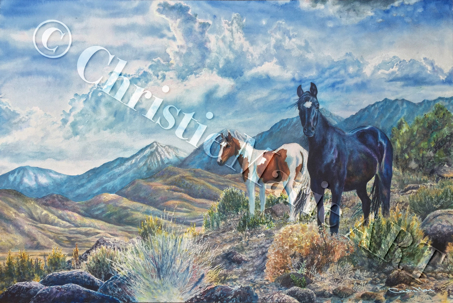 Mustangs Wild, Original Fine Art, professionally Framed, West Sierra Nevada Art Watercolor Painting by artist Christie Marie E. Russell ©