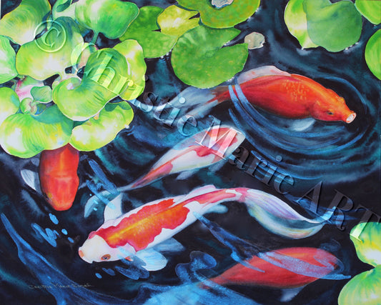 ORIGINAL WATERCOLOR Painting Koi Fish Pond Art, Nature Art, Gallery fine art by Artist Christie Marie E. Russell ©
