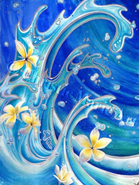ORIGINAL Large Watercolor mixed media, Tropical Plumeria Flowers, Painting, Blue Hawaii, gallery art by artist Christie Marie E Russell ©