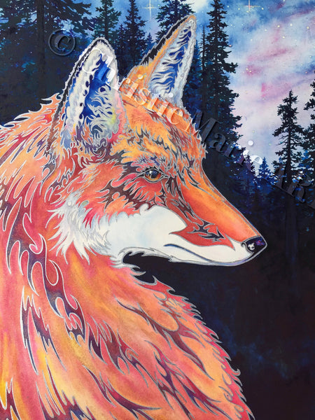 ORIGINAL"Spirit Fox" Professionally Framed Wild Fox Fine Art mixed media Watercolor silhouetted forest trees Christie Marie E. Russell ©