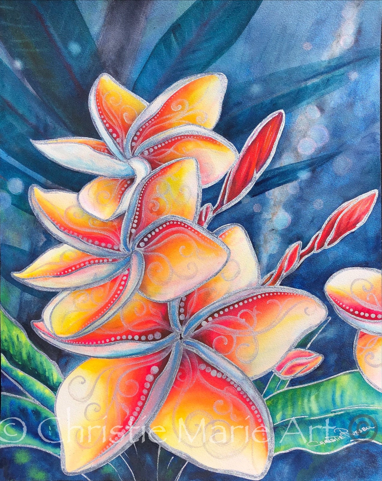 "Mana" Original Stylized Watercolor mixed media, Tropical Hawaiian Plumeria Flowers, Frangipani flower art by artist Christie Marie Elder-Russell