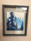 Original Watercolor Art "Forest Light" Framed, Tahoe style silhouetted forest pine trees by artist Christie Marie Elder Russell ©