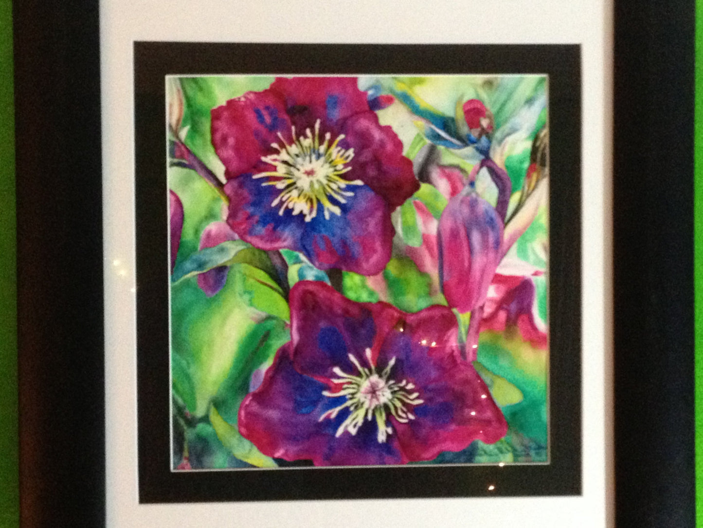 Framed Original Fine Art - PASSION - magenta pink flowers - 12" X 12"  Original Watercolor Painting Christie Marie E. Russell ©