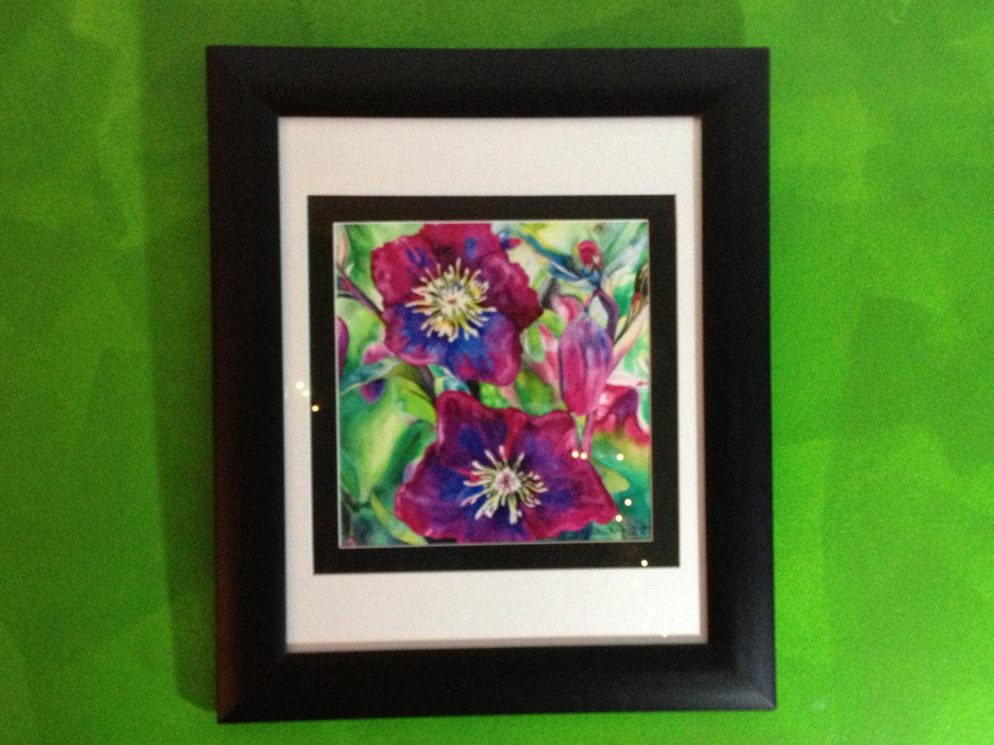 Framed Original Fine Art - PASSION - magenta pink flowers - 12" X 12"  Original Watercolor Painting Christie Marie E. Russell ©