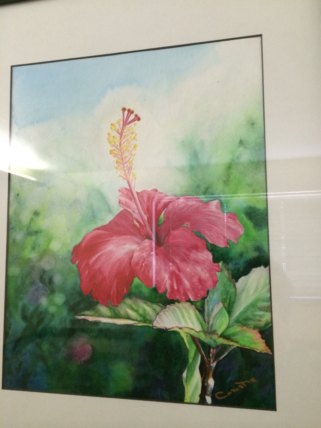 Hawaiian Hibiscus Art Framed Original Fine Art Tropical Hawaii Red Flower Framed Watercolor Painting by artist Christie Marie E Russell ©