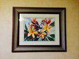 Tropical Plumeria Flowers, Original Large Watercolor Painting Art, Beautiful Hawaiian Koa Wood Frame Artist Christie Marie E. Russell ©