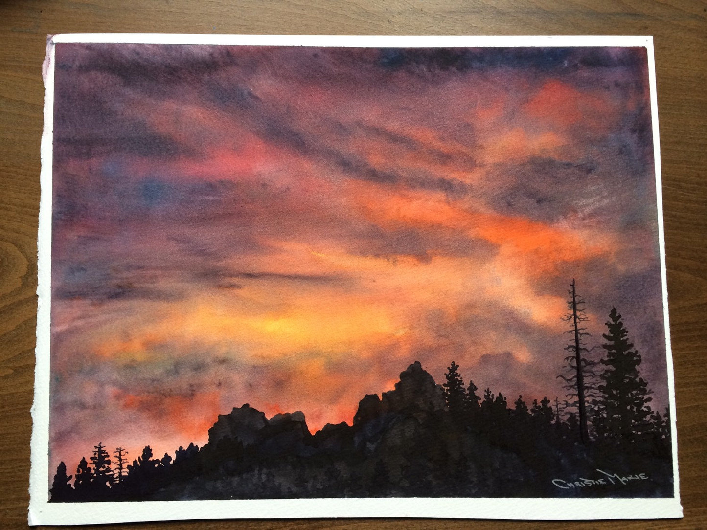 Landscape Original Watercolor paintng Art "Tahoe Expressions" sunset w silhouetted forest pine trees Christie Marie E Russell ©