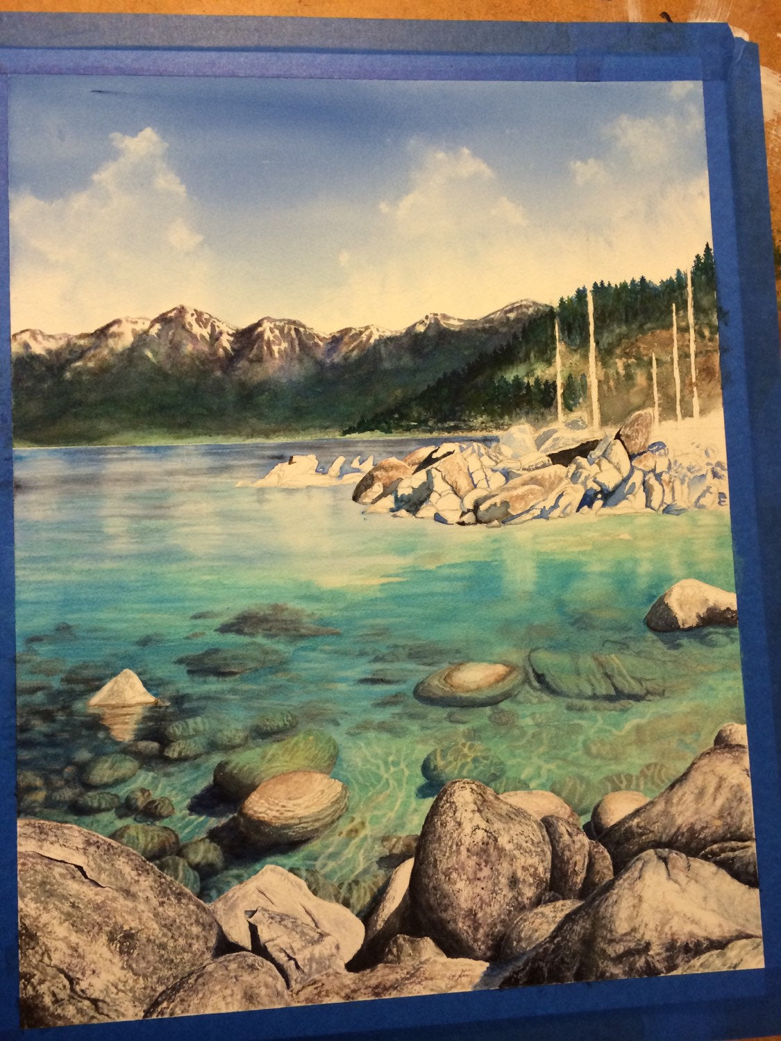 Original Watercolor Painting Lake Tahoe Sand Harbor Art turquoise water Mountain Nature Framed Art by Artist Christie Marie Elder-Russell ©